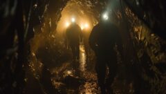 Workers with headlamps walking down cramped underground mine