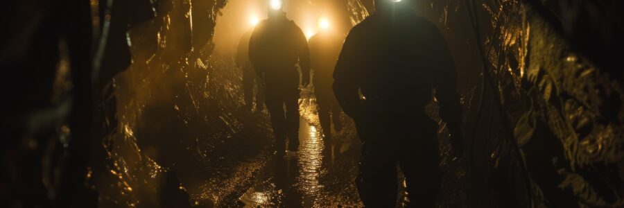 Workers with headlamps walking down cramped underground mine